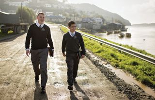 two missionaries walking