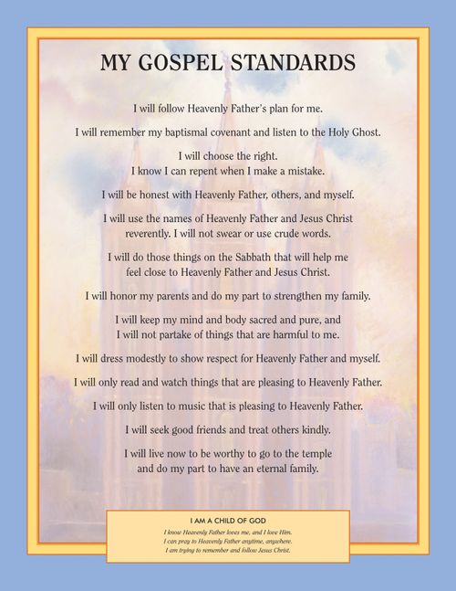 A poster with gospel standards for Primary children printed over an image of the Salt Lake Temple.