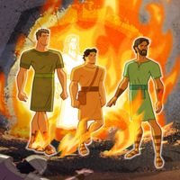 "Illustration of Shadrach, Meshach, and Abed-nedo emerging from the fiery furnace unharmed.      Daniel 3:26-27"