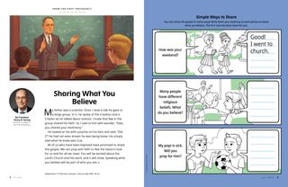 Activity PDF showing two girls talking, a girl raising her hand at school, and two boys talking