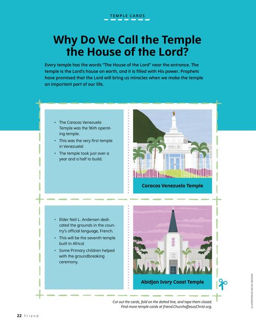 Page PDF with two temple cards that have facts about the temple on one side and an illustration on the other