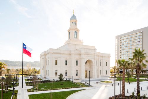 The Chilean flag is situated to the side of the Concepción Chile Temple.