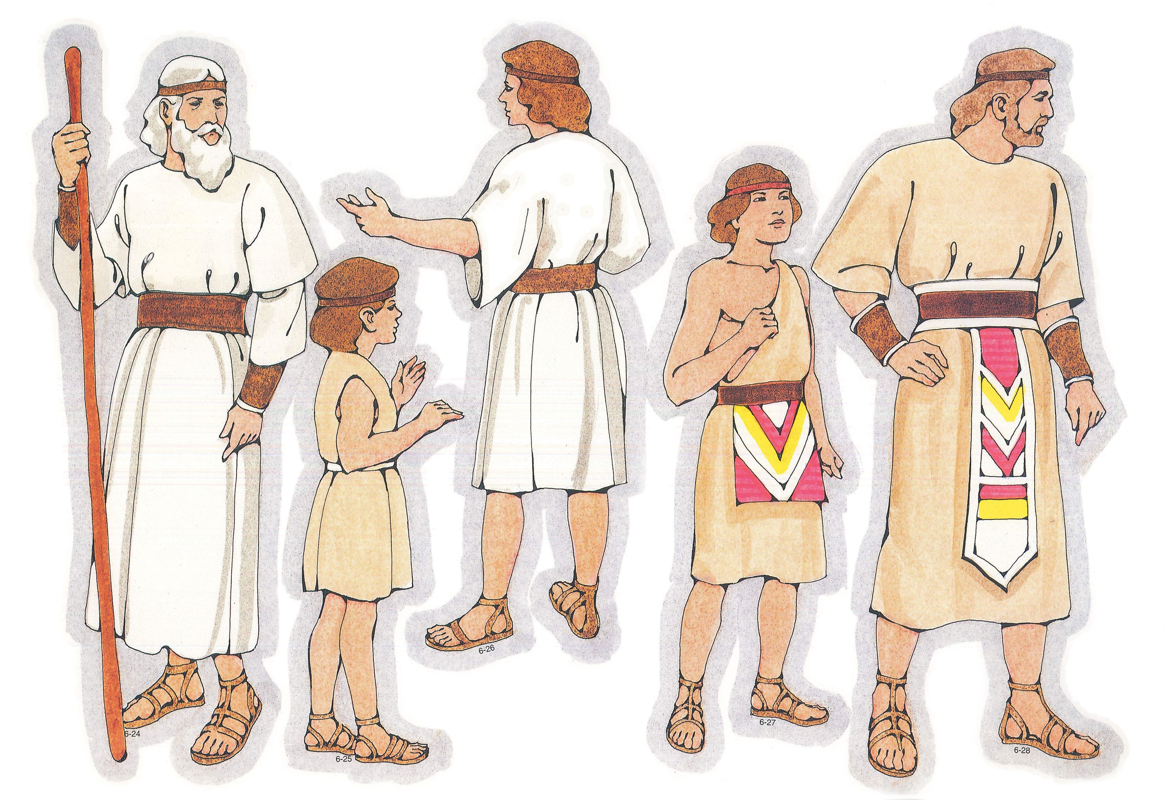 Primary Visual Aids: Cutouts 6-24, Nephite Man with Staff; 6-25, Nephite Child; 6-26, Nephite Young Man; 6-27, Nephite Boy; 6-28, Nephite Middle-Aged Man.