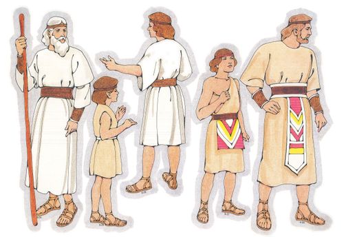 Primary cutouts of a Nephite man holding a staff, a Nephite child, a Nephite young man, a Nephite boy, and a Nephite middle-aged man.