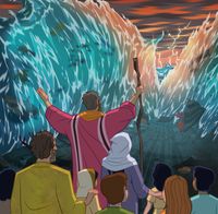 "Illustration of Moses lifting his rod and parting the Red Sea.      Exodus 14:15-16, 21-22"