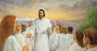 Jesus Christ depicted wearing white robes and welcoming resurrected people into the celestial kingdom. There is a sunset in the background. The illustration depicts a vision related by LDS Church President David O. McKay.