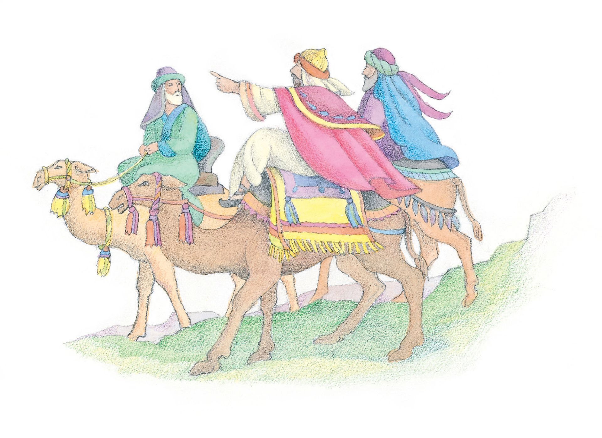 The Wise Men make their journey to see the Christ child. From the Children’s Songbook, page 53, “The Nativity Song”; watercolor illustration by Phyllis Luch.