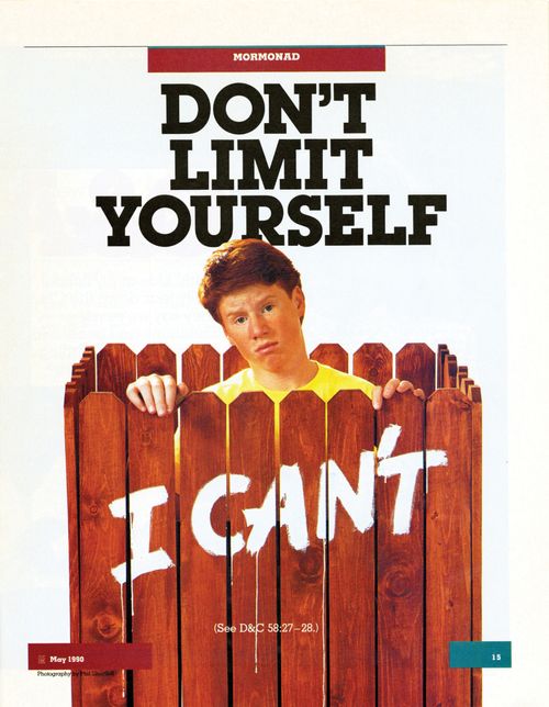 A conceptual photograph of a young man standing behind a fence with “I can't” painted on it, paired with the words “Don't Limit Yourself."
