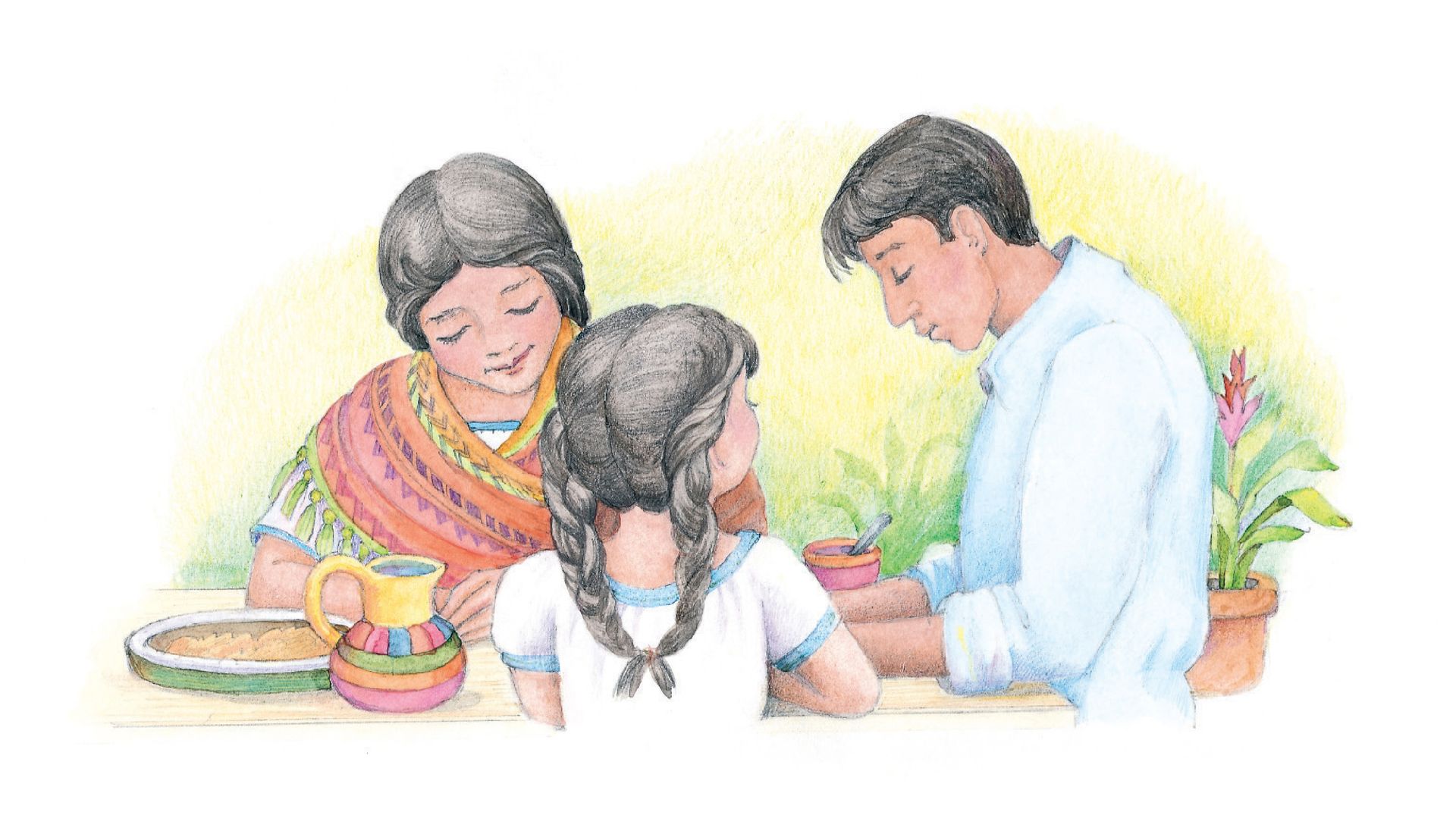 A family praying at the table together. From the Children’s Songbook, page 21, “For Health and Strength” and “For Thy Bounteous Blessings”; watercolor illustration by Phyllis Luch.