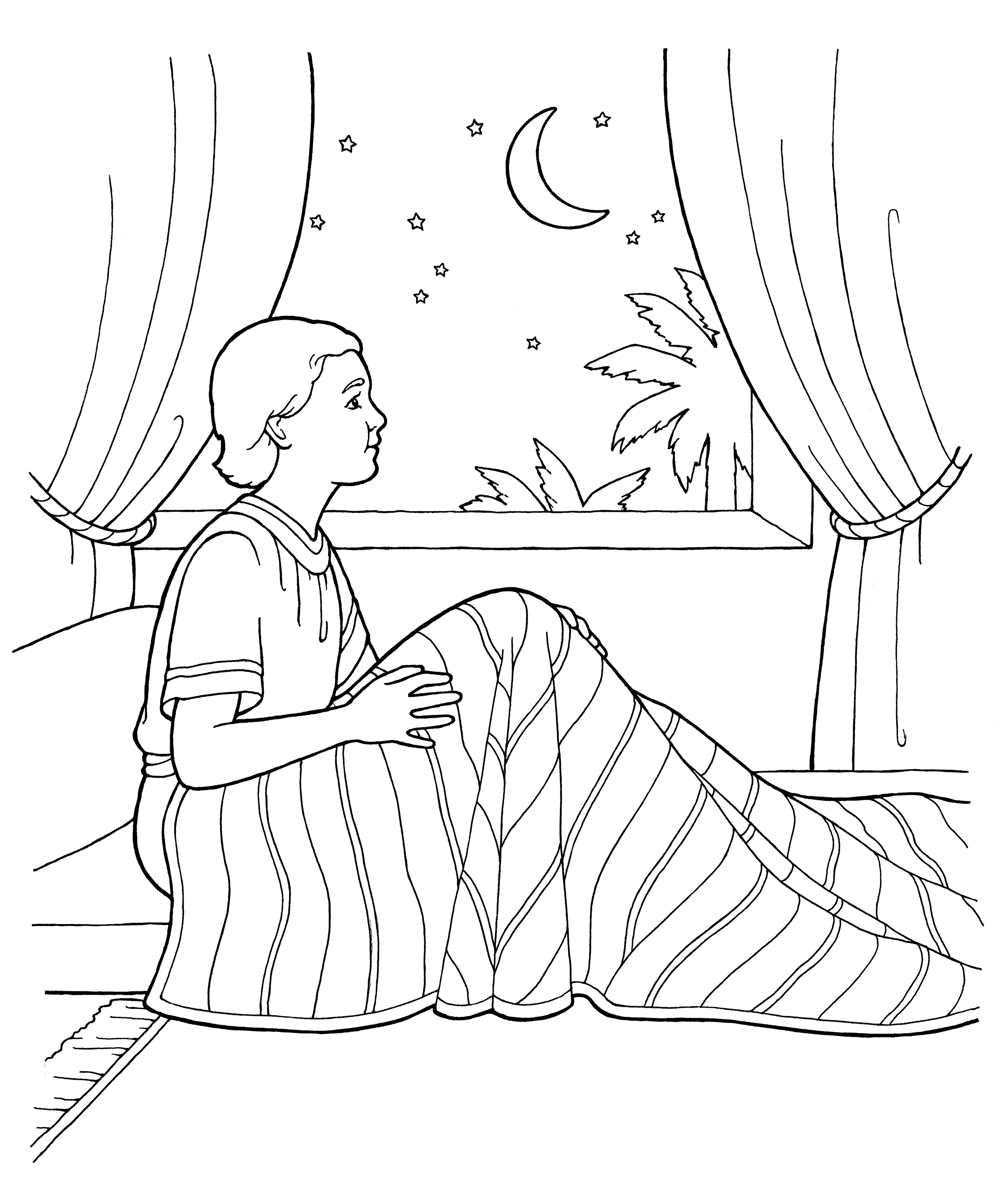 An illustration of the boy Samuel sitting up in bed.