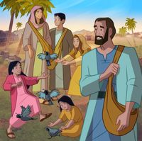 "Illustration of Israelites gathering quail.      Exodus 16:11-13"
