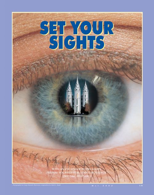 A conceptual photograph of an eye with a temple reflected inside the pupil, paired with the words “Set Your Sights.”