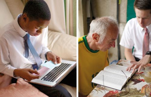 youth on computer, missionary with man