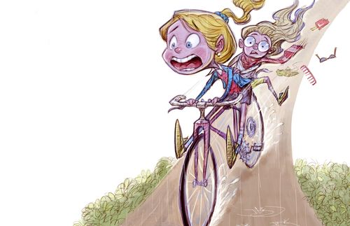 two girls with panicked looks on a bicycle