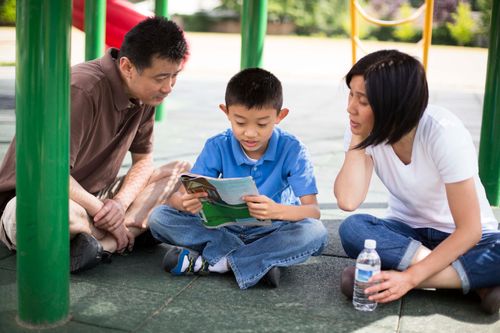 A mother and father read a magazine together with their son while on a playground.