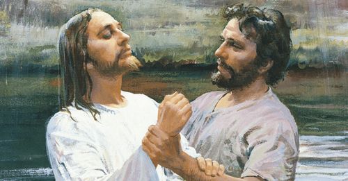 Jesus Christ being baptized by John the Baptist in the River Jordan. Christ has been immersed and is ascending out of the water.