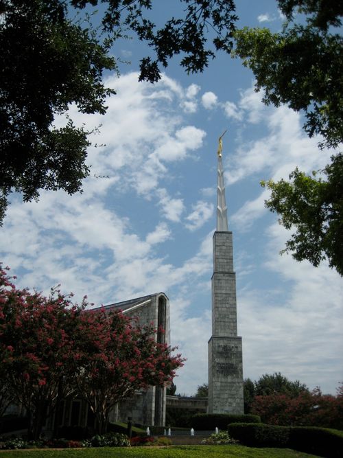 The spire of the Dallas Texas Temple on a sunny day, seen between large green trees on the temple grounds.