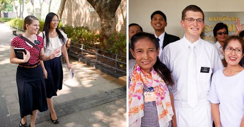 Two images. Sister missionaries in Hong Kong.  They are walking down a sidewalk.  (PWO #12618) A group shot of people at a baptism in Thailand before the baptism.  An elder missionary in white standing next to a woman also in white.    (PWO #12508)