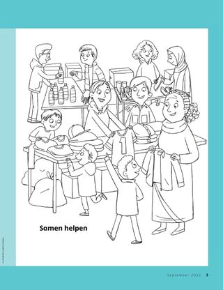 coloring page of people making care kits