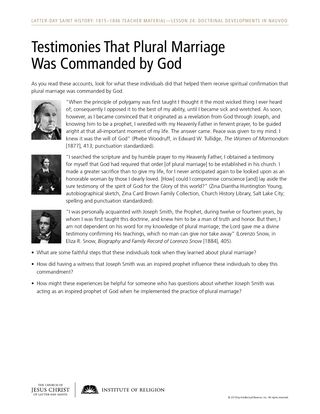 Testimonies That Plural Marriage Was Commanded by God handout