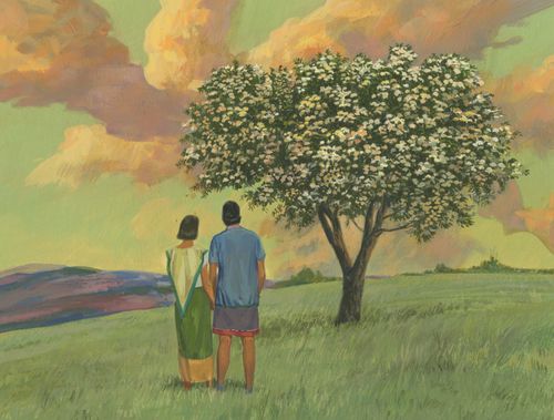 couple looking at tree