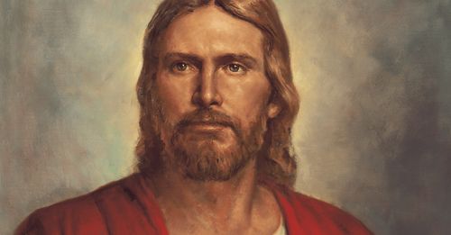 Frontal head and shoulders portrait of Jesus Christ. Christ is depicted wearing red and white robes. In 1989, a correlation review committee evaluated the painting with regard to its suitability for Church use. The painting was rated a “5” on a scale of 1-5 (with “5” as the high).