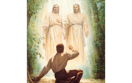 Jesus Christ standing and placing His hands on the eyes of a blind man who kneels before him. A group of men, women and children are gathered around Christ. The people are witnessing Christ heal the man of blindness. Stone arches are in the background.