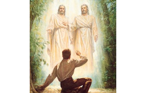 The Prophet Joseph Smith, Jr. in the Sacred Grove (in Manchester, New York) when he received the First Vision. Joseph is depicted kneeling before God the Father and Jesus Christ. Both God the Father and Christ are portrayed wearing white robes. The Father is presenting Christ to Joseph. There are trees in the background. (Joseph Smith - History 1:15-20)