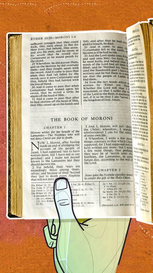 hand holding an open Book of Mormon