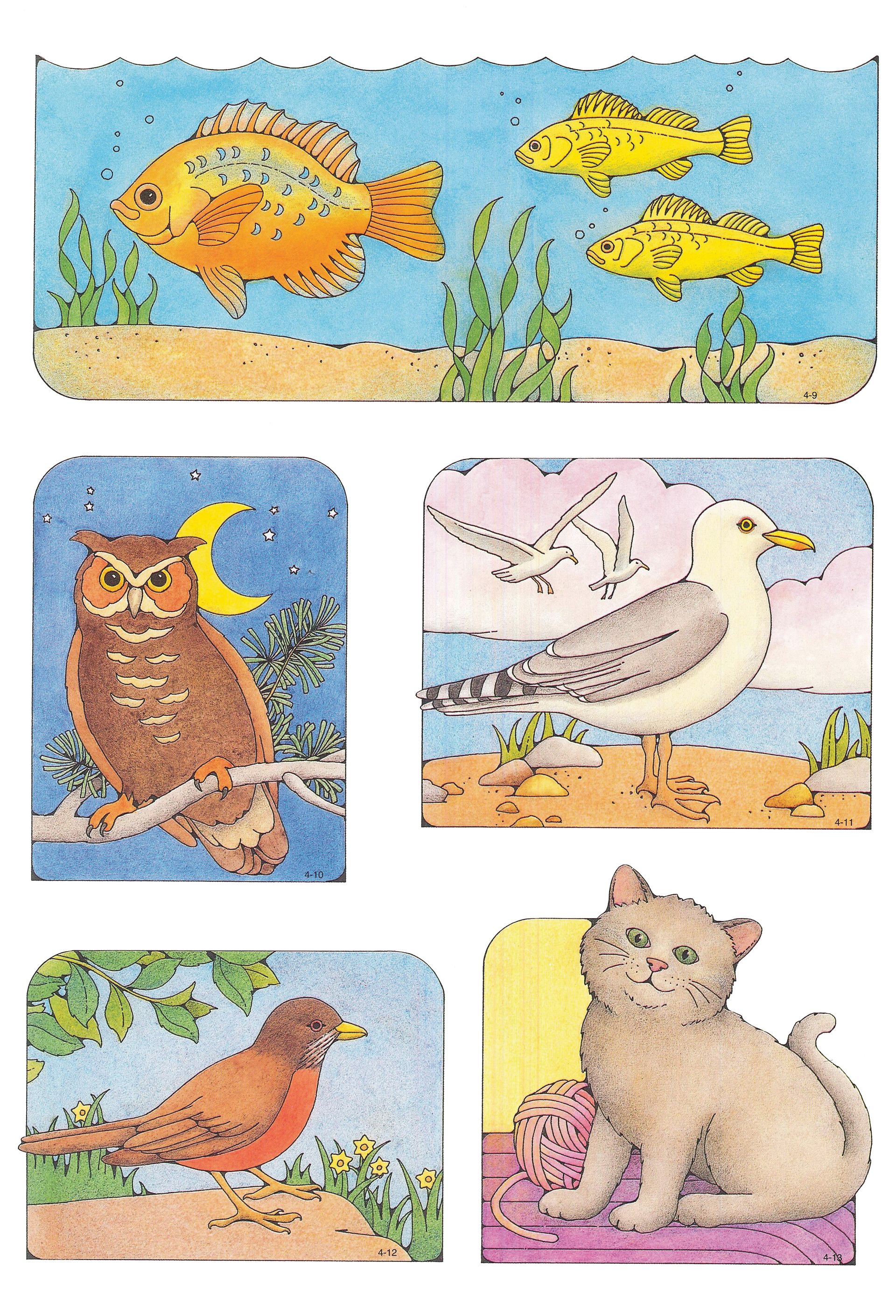 Primary Visual Aids: Cutouts 4-9, Fish; 4-10, Owl; 4-11, Seagull; 4-12, Robin; 4-13, Cat.