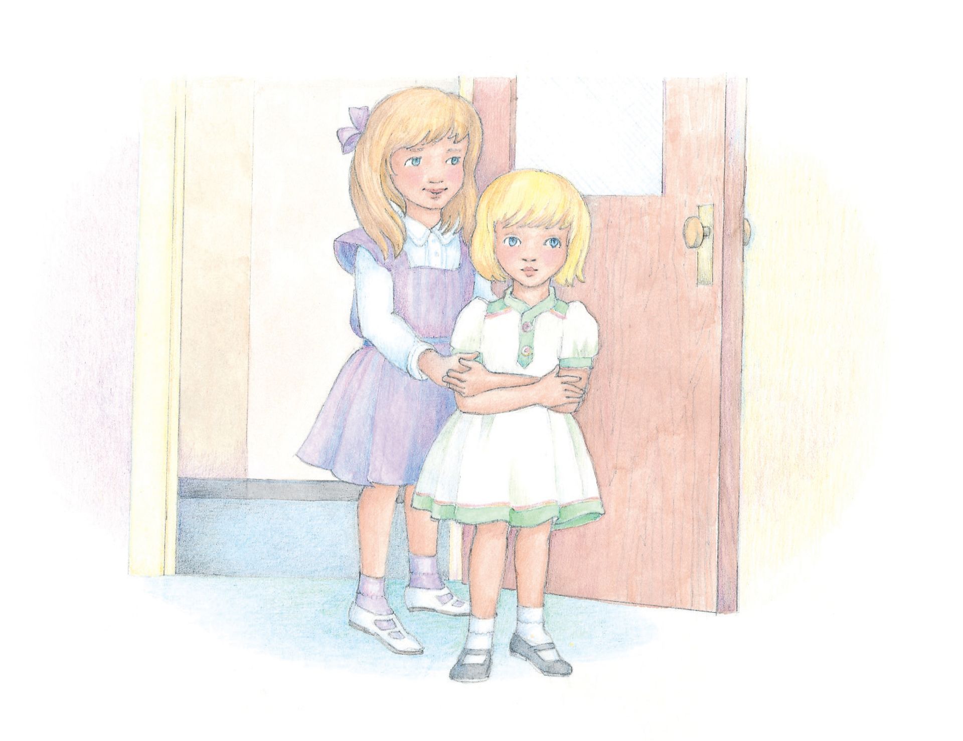 Two small girls walk through a door into a Primary meeting. From the Children’s Songbook, page 18, “I Need My Heavenly Father”; watercolor illustration by Phyllis Luch.