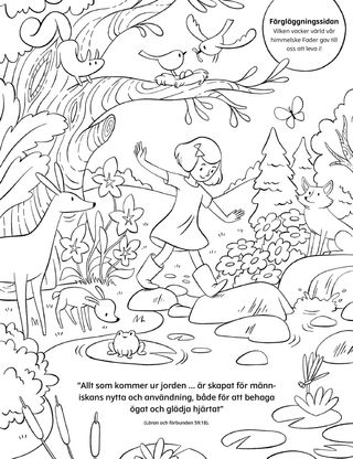 a coloring page of a girl walking through a forest scene