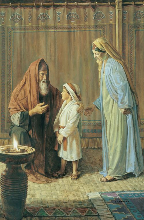 A painting by Robert T. Barrett showing Hannah and her young son, Samuel, standing before Eli.