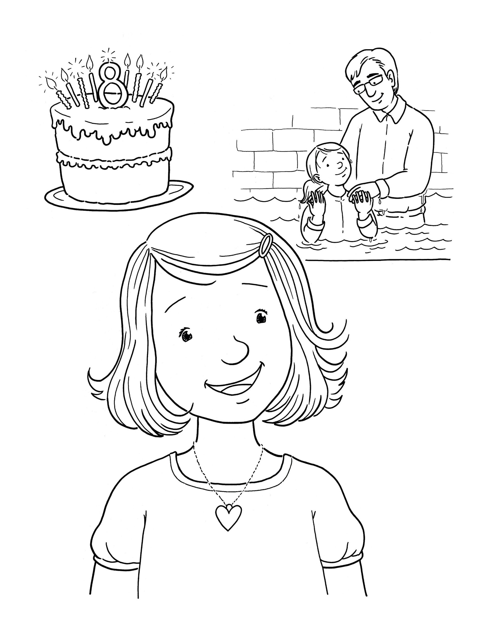 A girl thinks about her eighth birthday, her birthday cake, and being baptized.