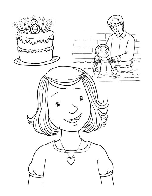 An illustration of a girl smiling, with an image of a cake with candles and an image of her being baptized by her father.