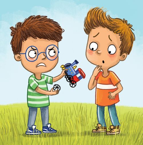 Un niño enojado sosteniendo un juguete roto y mirando a otro niño