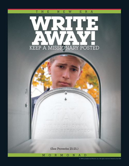 A conceptual photograph showing a missionary looking sad while opening an empty mailbox, paired with the words “Write Away!”