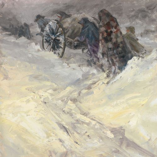 pioneers moving a handcart through deep snow