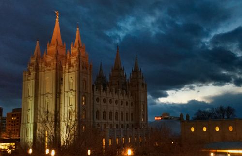 Salt Lake Temple with spires unlit