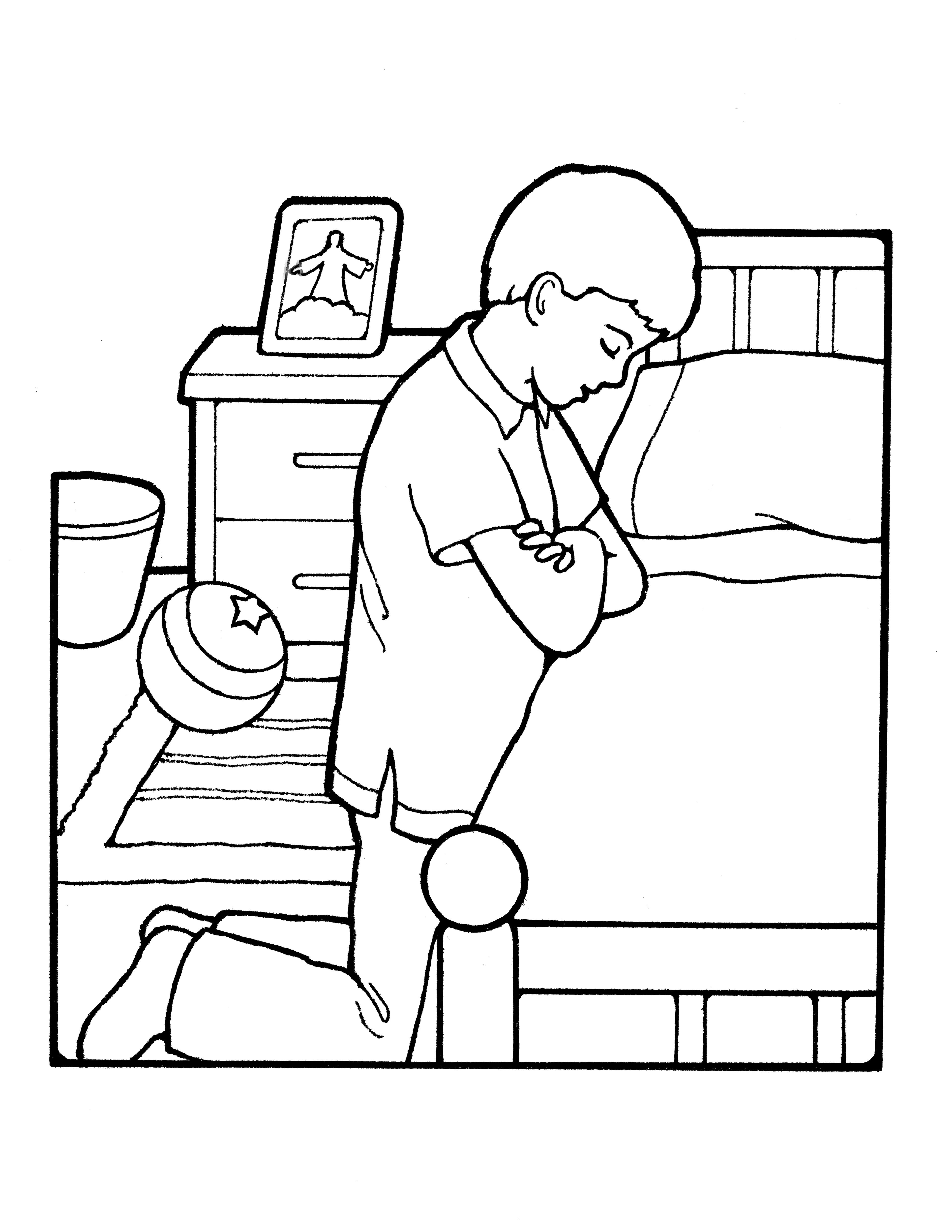 A line drawing of a boy praying near his bedside.