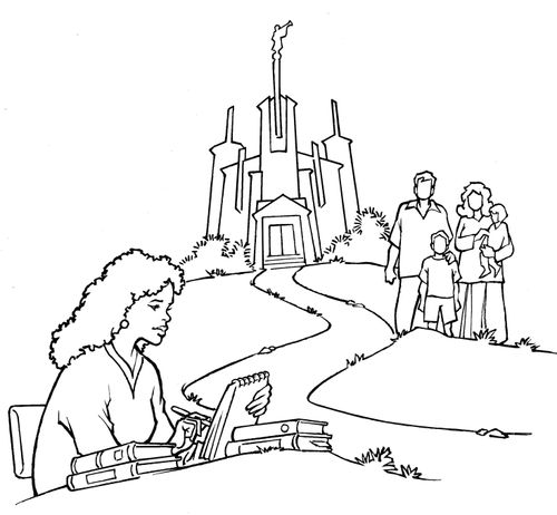 illustration of woman studying, family, and temple
