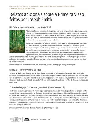 Folha de leitura complementar: Relatos adicionais da Primeira Visão feitos por Joseph Smith