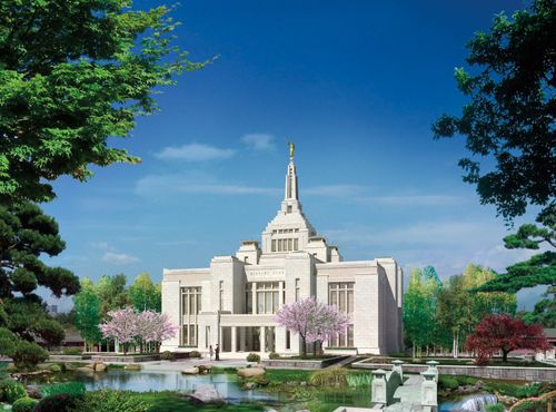 An artist’s computer-generated rendering of the Sapporo Japan Temple on a sunny day.