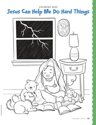 a child praying while a storm goes on outside