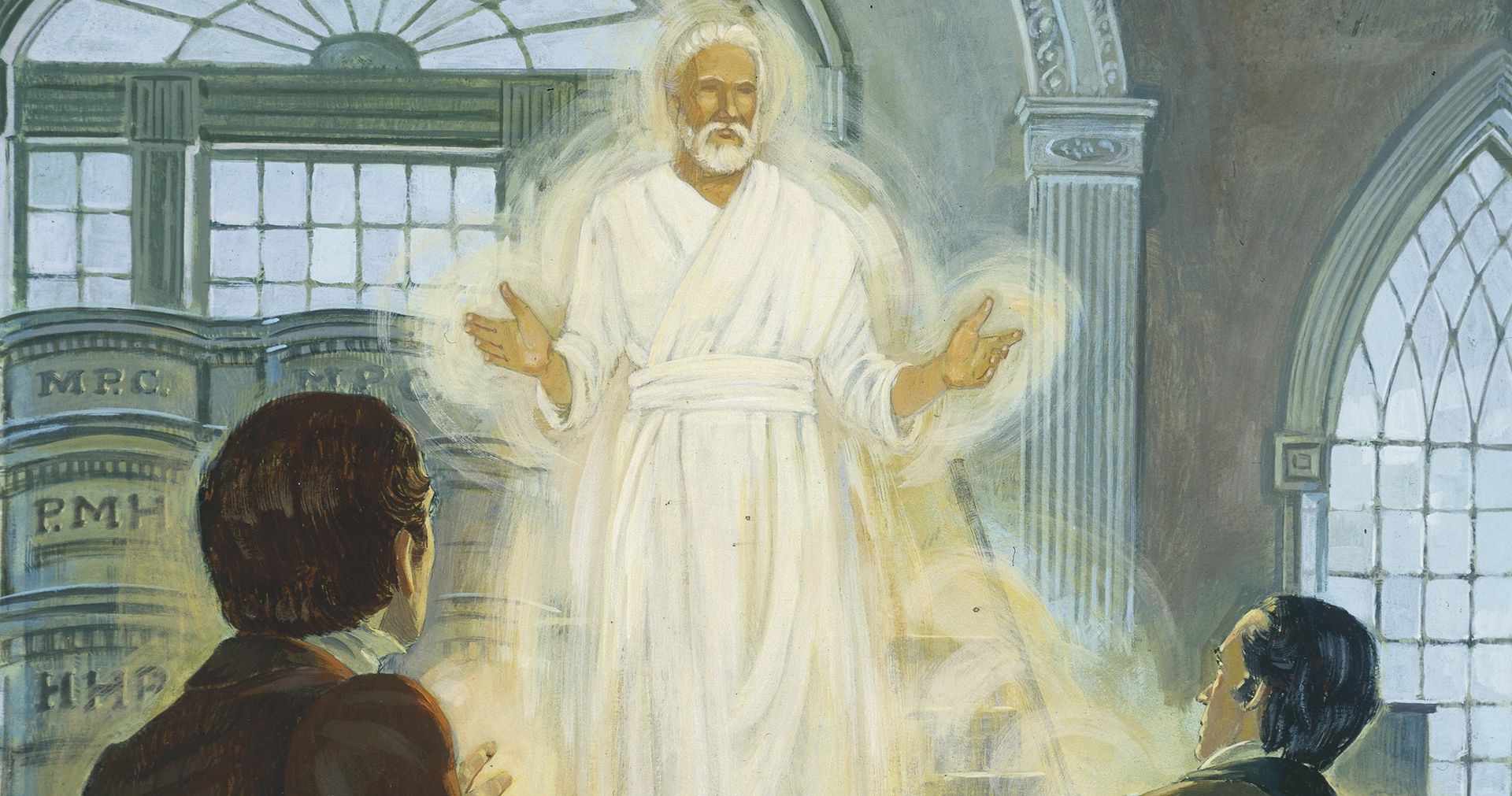 Painting of Elijah the prophet appearing to Joseph Smith and Oliver Cowdery at the Kirtland Temple.