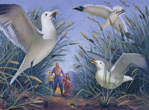 A painting by Goff Dowding of large seagulls flying into a wheat field and eating the crickets, with a family praying and watching nearby.