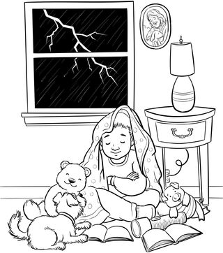 child praying while a storm goes on outside