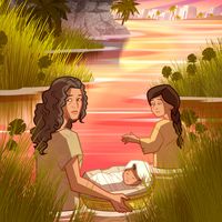 Illustration of Miriam and her mother putting Moses in the river.      Exodus 2:1-4