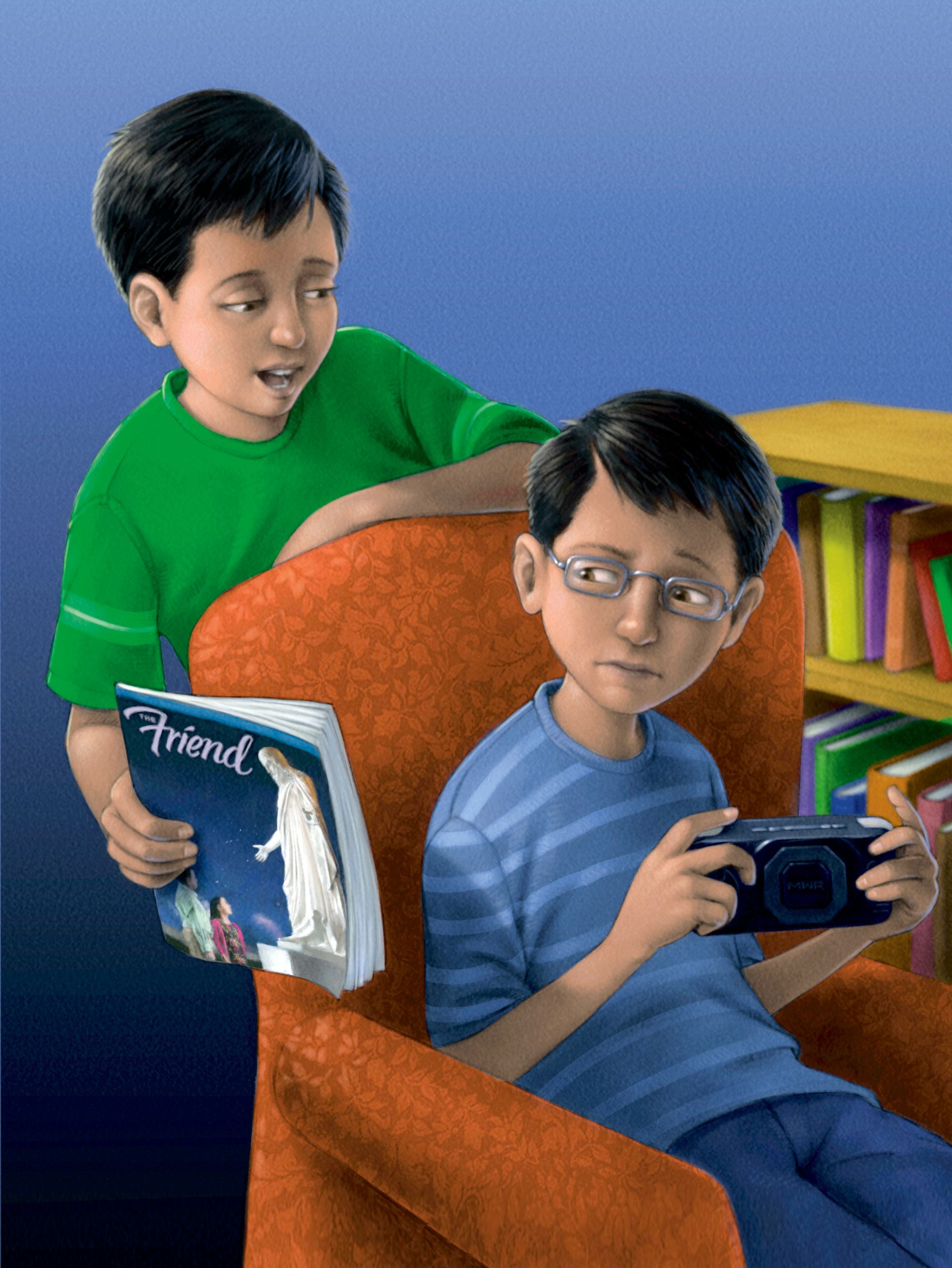 A boy tries to share a copy of the Friend magazine with his brother, who is sitting on a chair.