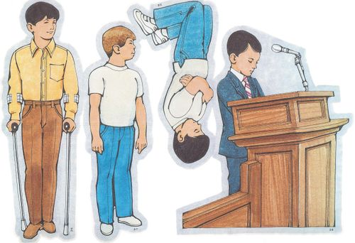 Primary cutouts of a boy holding crutches, a boy kneeling in prayer, a boy with Down syndrome, and a boy praying at a microphone at church.